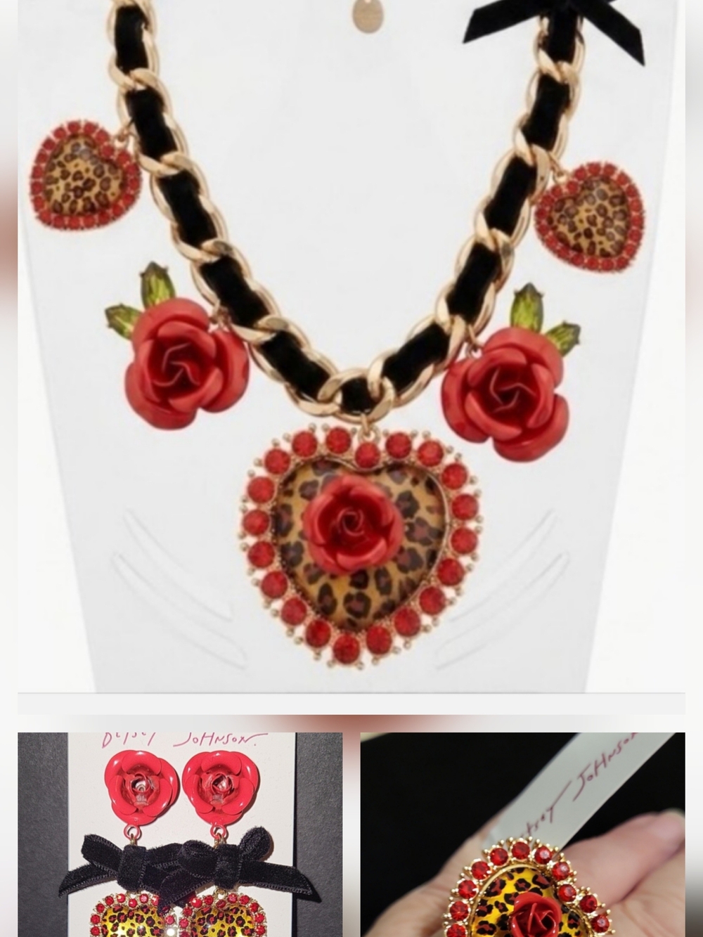 Betsey Johnson Red Rose & Leopard Heart Necklace, Ring and Earrings Set